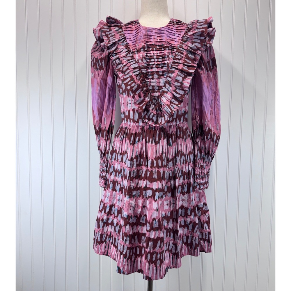 Atelier 1756 Ruffle Mini Dress Womens S Pink Ikat Print Long Sleeve Boho Chic